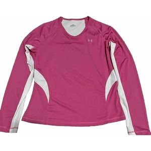 Under Armour Top Womens LG Pink White‎ V-Neck Long Sleeve Activewear T-Shirt